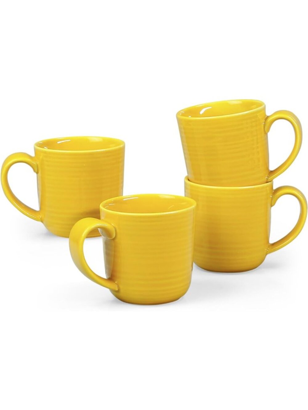 Set of 4 Glossy Yellow Ceramic Coffee Mugs, 12 oz Ribbed, Stackable, Dishwasher